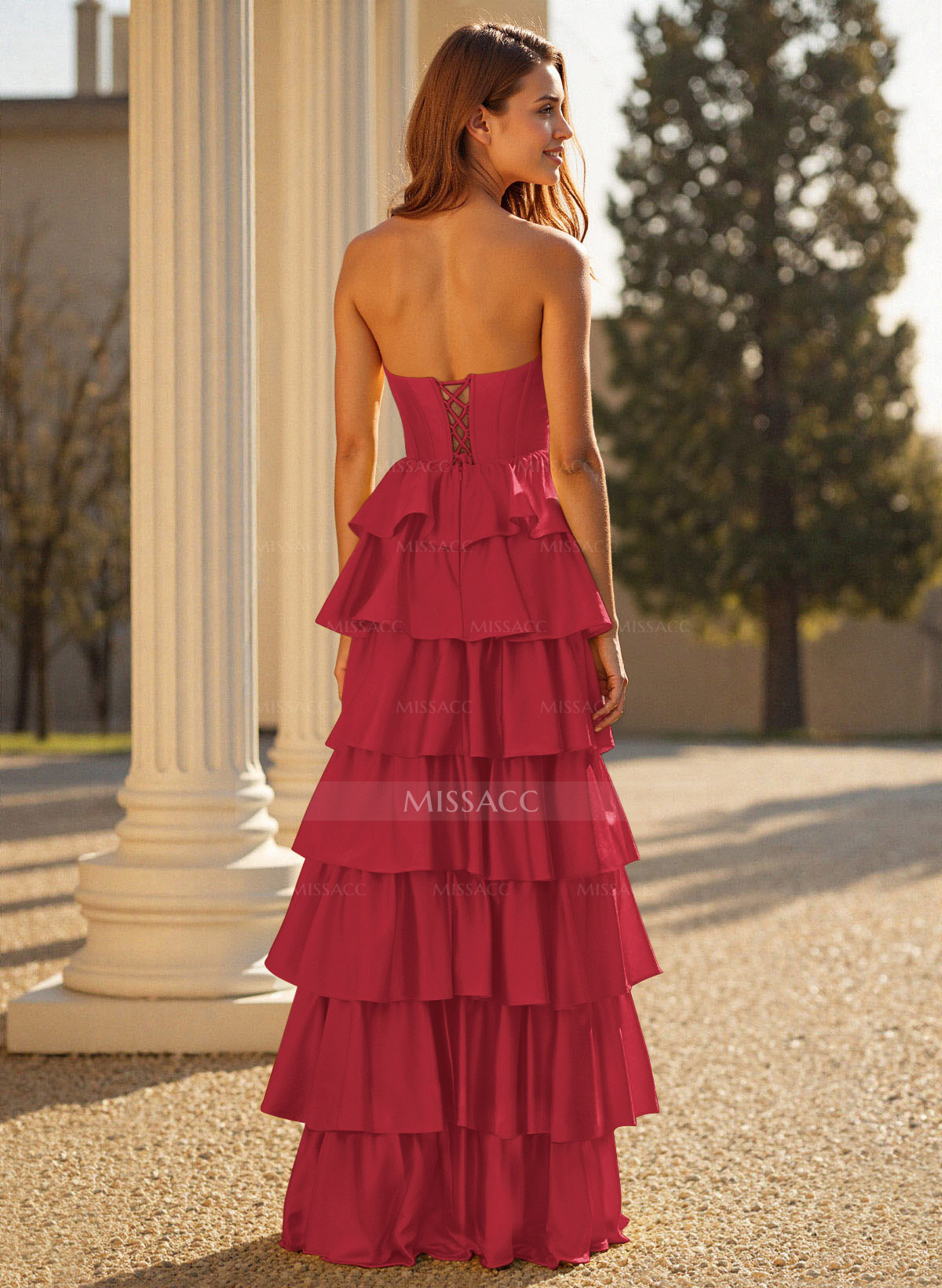 Elegant Tiered A-Line Floor-Length Crepe Satin Prom Dresses With High Split