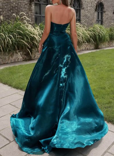 Sparkle & Shine A-Line Sweep Train Liquid Satin Prom Dresses With High Split
