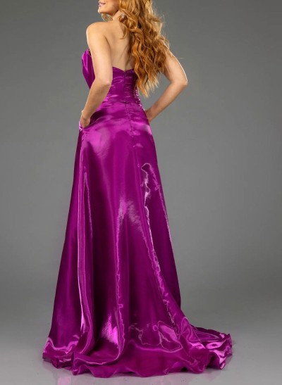 Sparkle & Shine A-Line Sweep Train Liquid Satin Prom Dresses With High Split