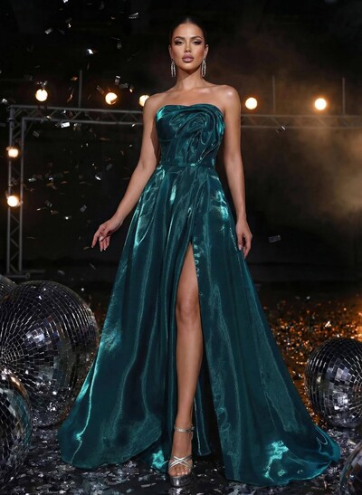 Sparkle & Shine A-Line Sweep Train Liquid Satin Prom Dresses With High Split