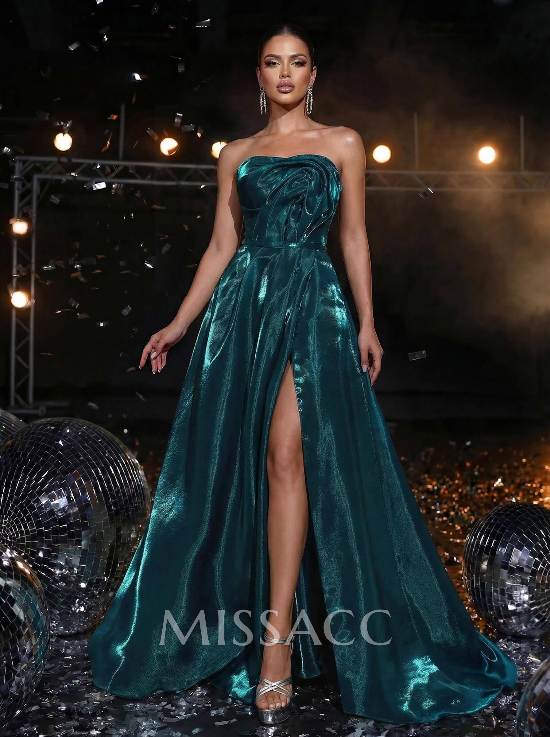 Sparkle & Shine A-Line Sweep Train Liquid Satin Prom Dresses With High Split