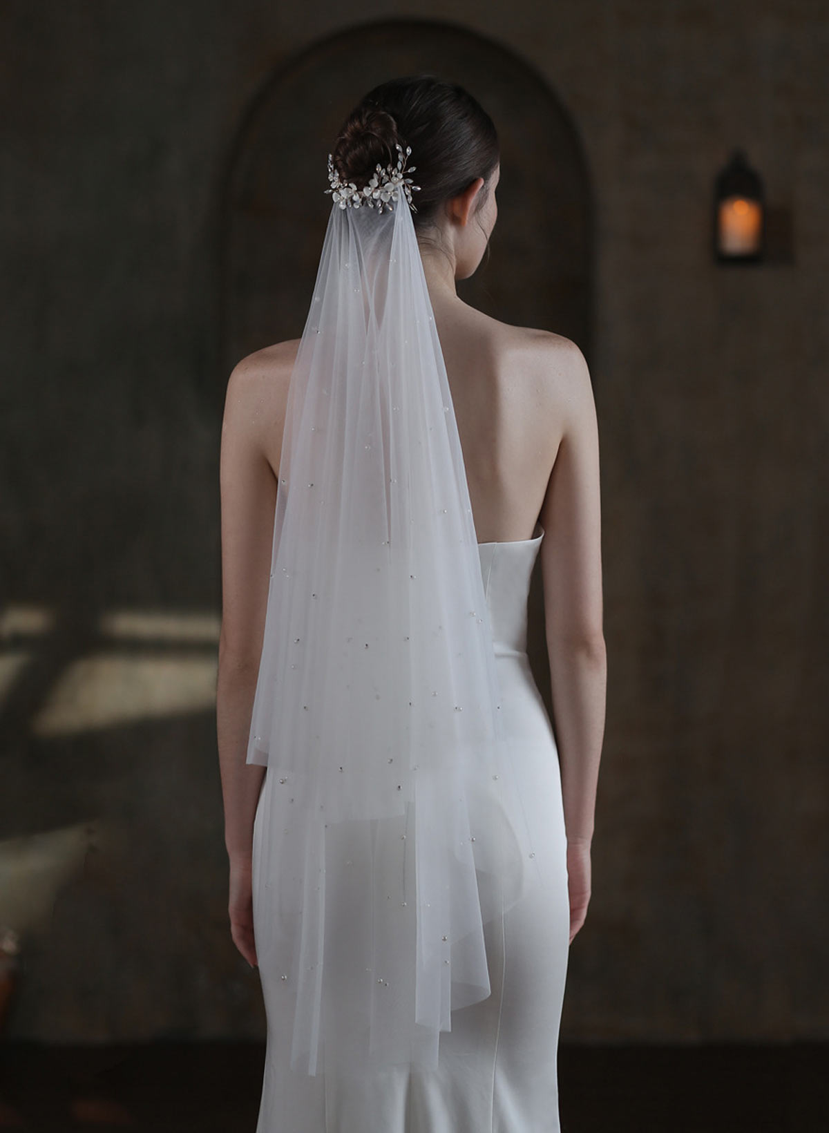 Two-Tier Tulle Rhinestones Faux Pearl Ivory Comb Fingertip Bridal Veils