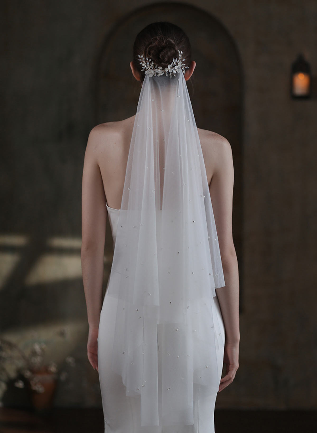 Two-Tier Tulle Rhinestones Faux Pearl Ivory Comb Fingertip Bridal Veils