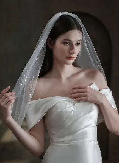 Single-Tier Elbow Length Ivory Bridal Tulle Veil with Sequin Edge