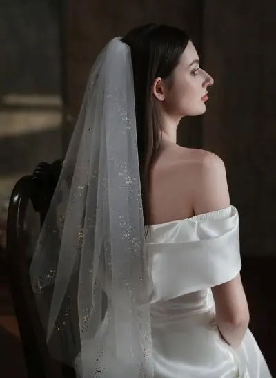 Single-Tier Elbow Length Ivory Bridal Tulle Veil with Sequin Edge