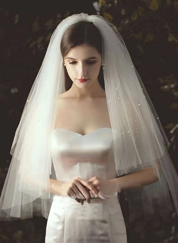 Four Tier Of Pearl Embellished Bridal Veil
