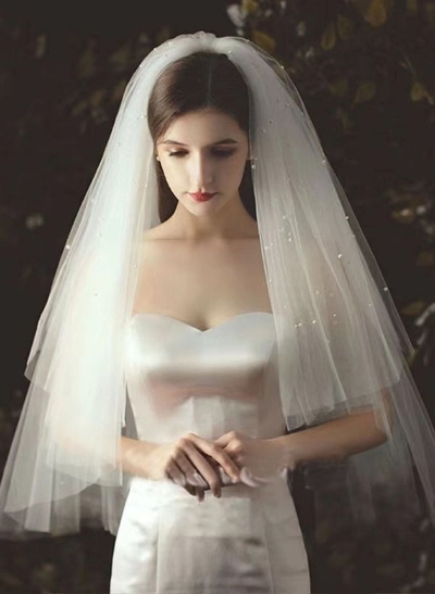 Four Tier Of Pearl Embellished Bridal Veil