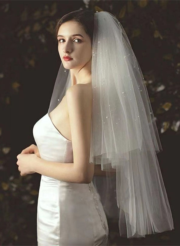 Four Tier Of Pearl Embellished Bridal Veil