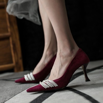 Point Toe Kitten Heel Wedding Shoes With Imitation Pearl