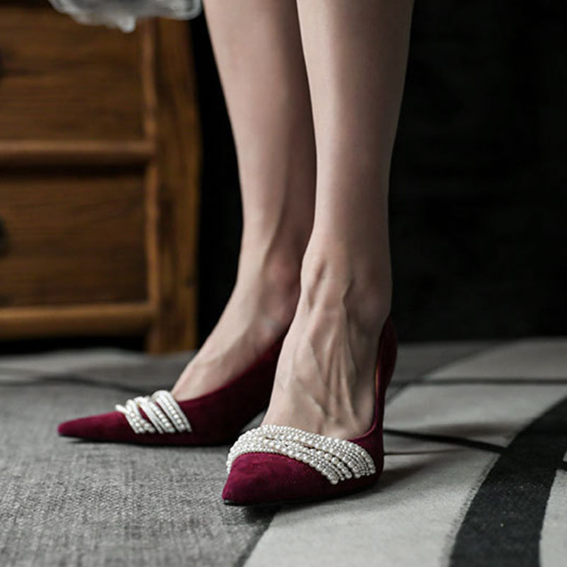 Point Toe Kitten Heel Wedding Shoes With Imitation Pearl