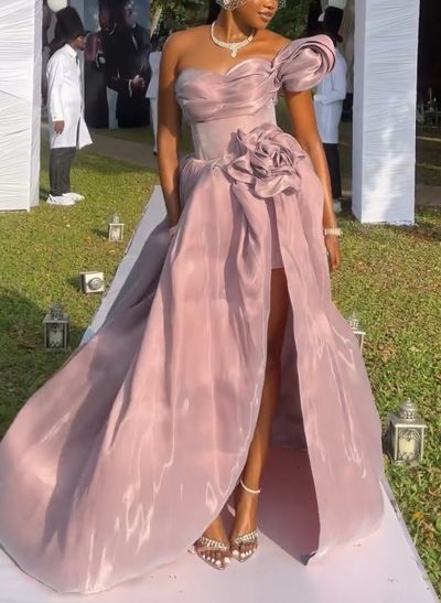 Sweet & Flow Off-The-Shoulder Liquid Satin Bridesmaid Dresses With Flower/High Split