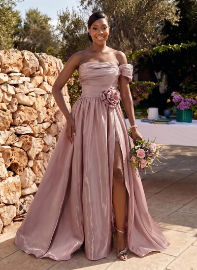 Sweet & Flow Off-The-Shoulder Liquid Satin Bridesmaid Dresses With Flower/High Split