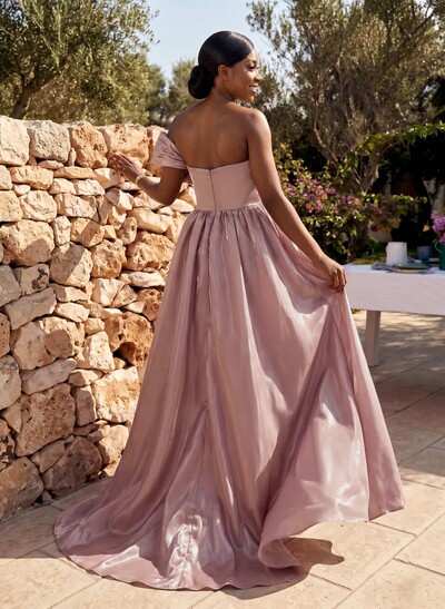 Sweet & Flow Off-The-Shoulder Liquid Satin Bridesmaid Dresses With Flower/High Split