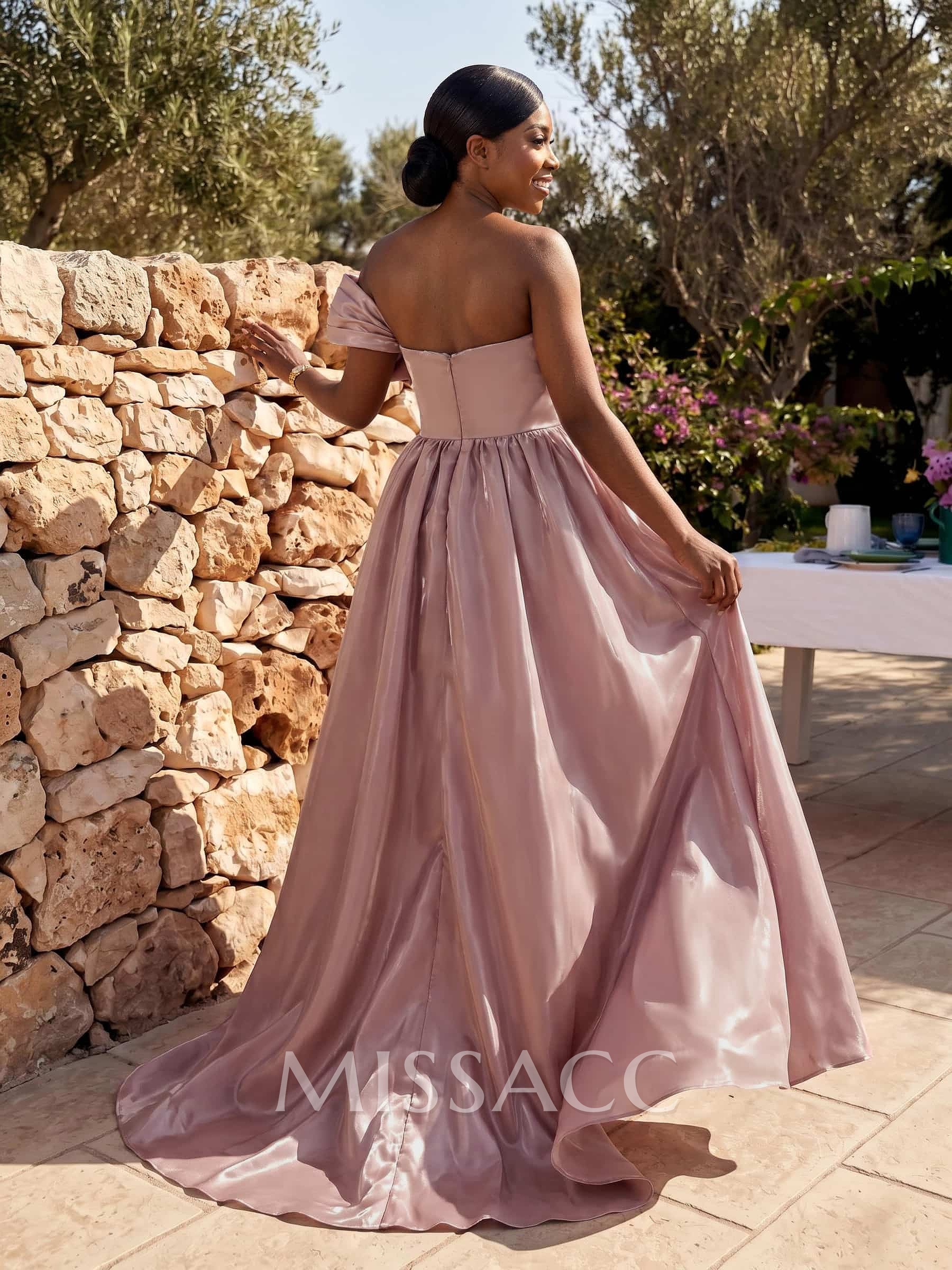 Sweet & Flow Off-The-Shoulder Liquid Satin Bridesmaid Dresses With Flower/High Split Sweet & Flow Off-The-Shoulder Liquid Satin Bridesmaid Dresses With Flower/High Split