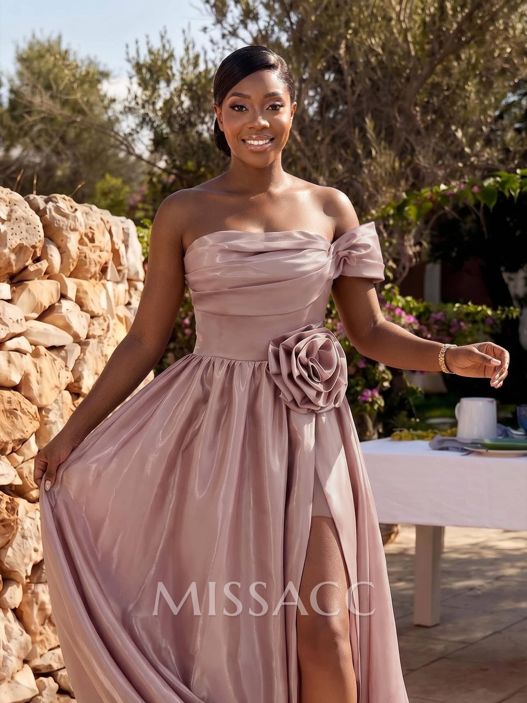 Sweet & Flow Off-The-Shoulder Liquid Satin Bridesmaid Dresses With Flower/High Split Sweet & Flow Off-The-Shoulder Liquid Satin Bridesmaid Dresses With Flower/High Split