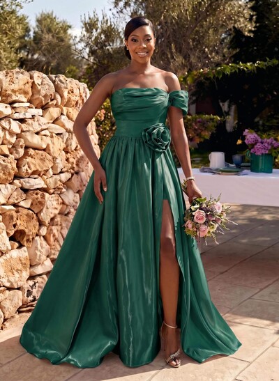 Sweet & Flow Off-The-Shoulder Liquid Satin Bridesmaid Dresses With Flower/High Split