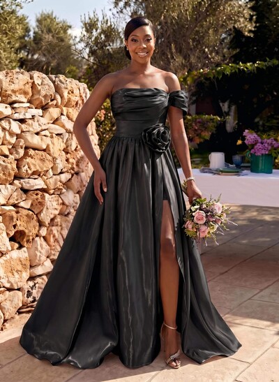 Sweet & Flow Off-The-Shoulder Liquid Satin Bridesmaid Dresses With Flower/High Split