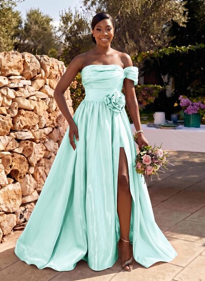 Sweet & Flow Off-The-Shoulder Liquid Satin Bridesmaid Dresses With Flower/High Split