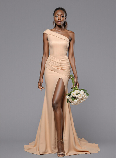 One-Shoulder Pleated High Split Sweep Train Elastic Satin Bridesmaid Dresses