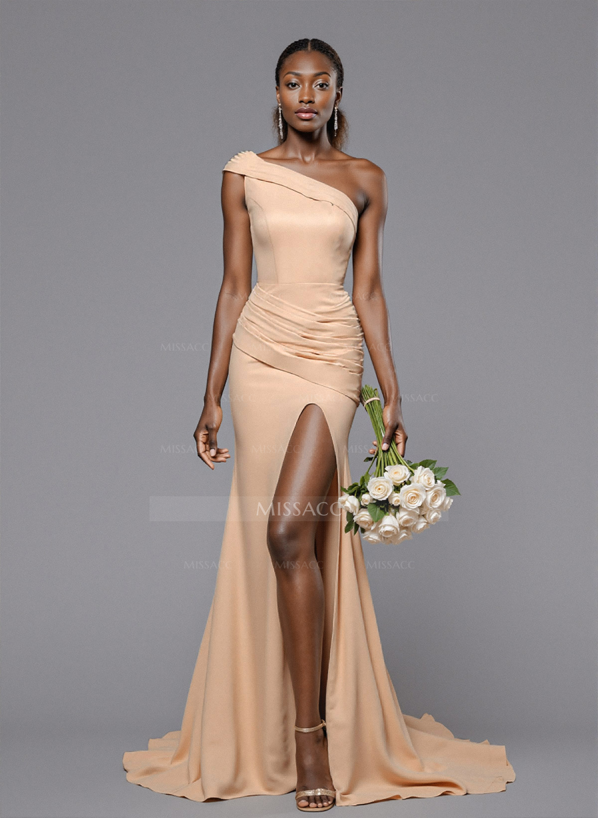 One-Shoulder Pleated High Split Sweep Train Elastic Satin Bridesmaid Dresses