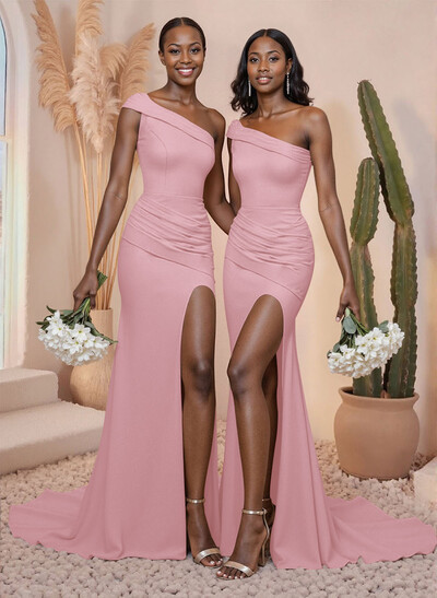 One-Shoulder Pleated High Split Sweep Train Elastic Satin Bridesmaid Dresses