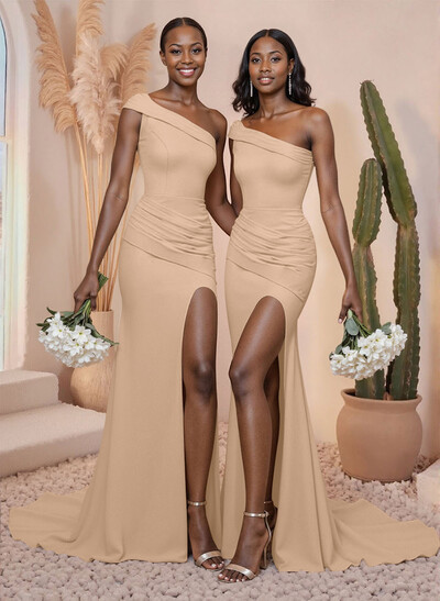 One-Shoulder Pleated High Split Sweep Train Elastic Satin Bridesmaid Dresses
