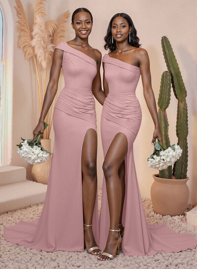 One-Shoulder Pleated High Split Sweep Train Elastic Satin Bridesmaid Dresses