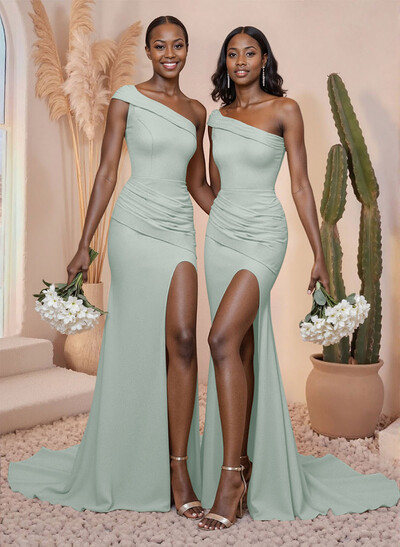 One-Shoulder Pleated High Split Sweep Train Elastic Satin Bridesmaid Dresses