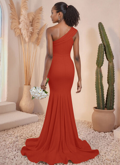 One-Shoulder Pleated High Split Sweep Train Elastic Satin Bridesmaid Dresses