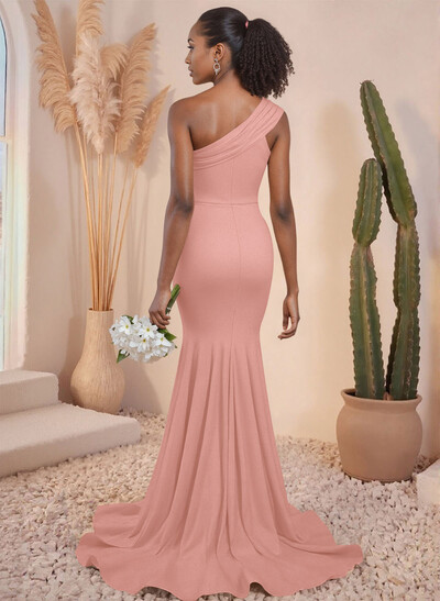 One-Shoulder Pleated High Split Sweep Train Elastic Satin Bridesmaid Dresses