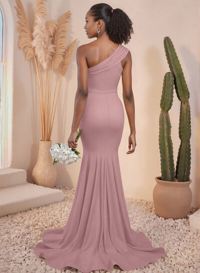 One-Shoulder Pleated High Split Sweep Train Elastic Satin Bridesmaid Dresses