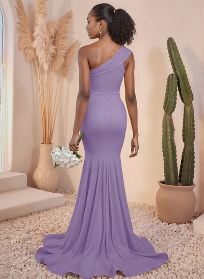 One-Shoulder Pleated High Split Sweep Train Elastic Satin Bridesmaid Dresses