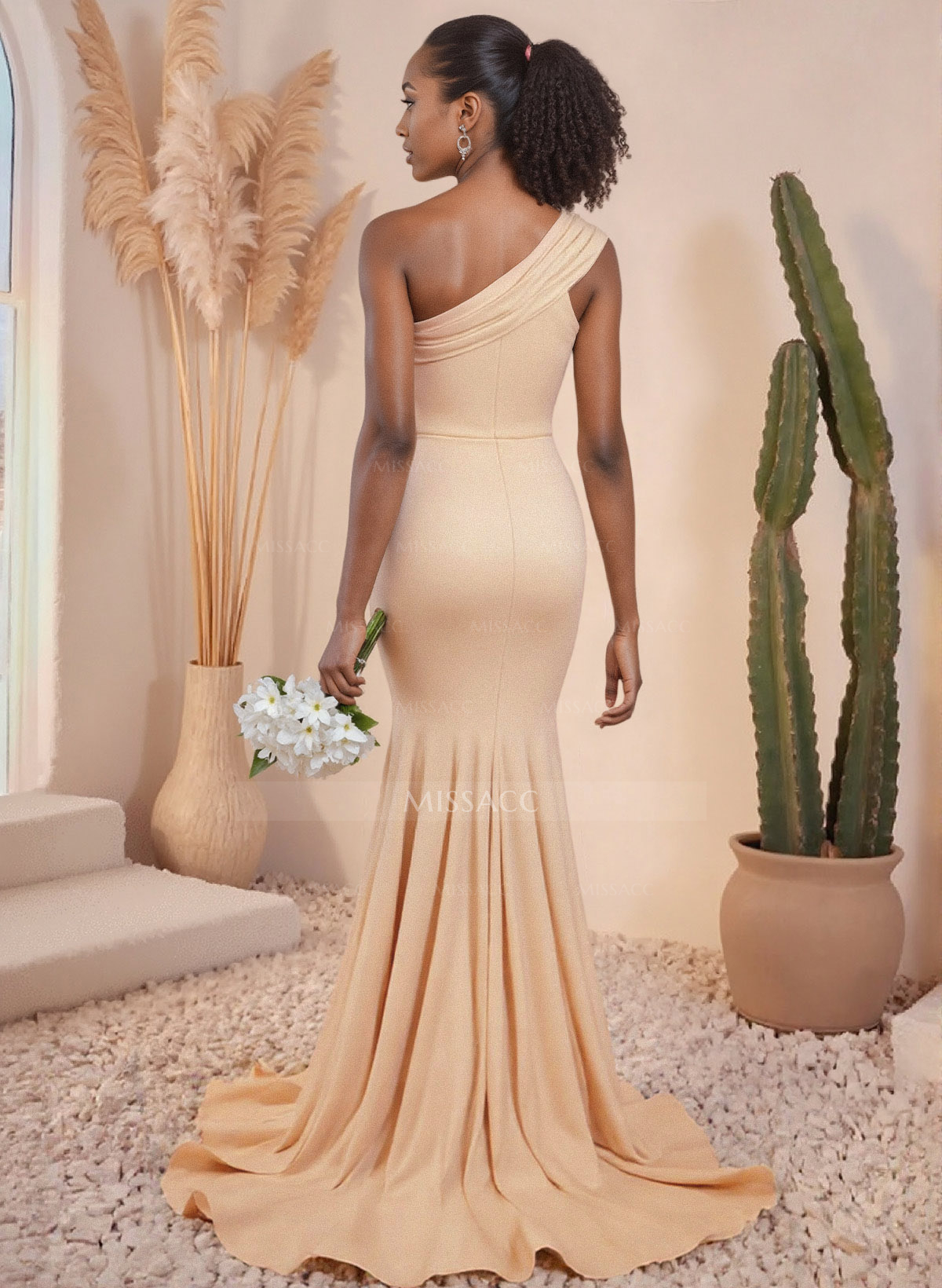 One-Shoulder Pleated High Split Sweep Train Elastic Satin Bridesmaid Dresses