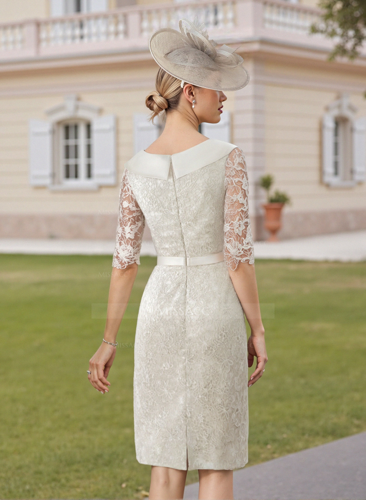 Elegant Sheath/Column Cowl Neck 1/2 Sleeves Knee-Length Satin Cocktail Dresses With Beading