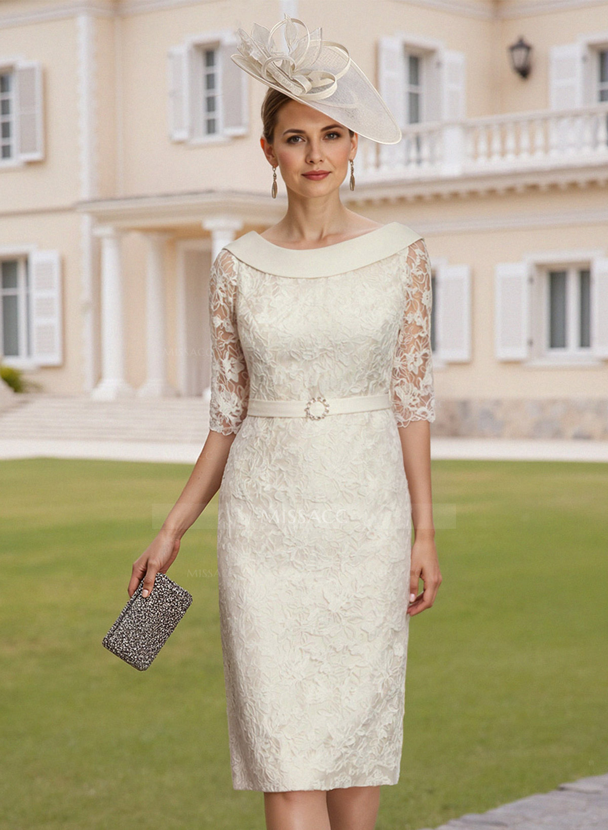 Elegant Sheath/Column Cowl Neck 1/2 Sleeves Knee-Length Satin Cocktail Dresses With Beading