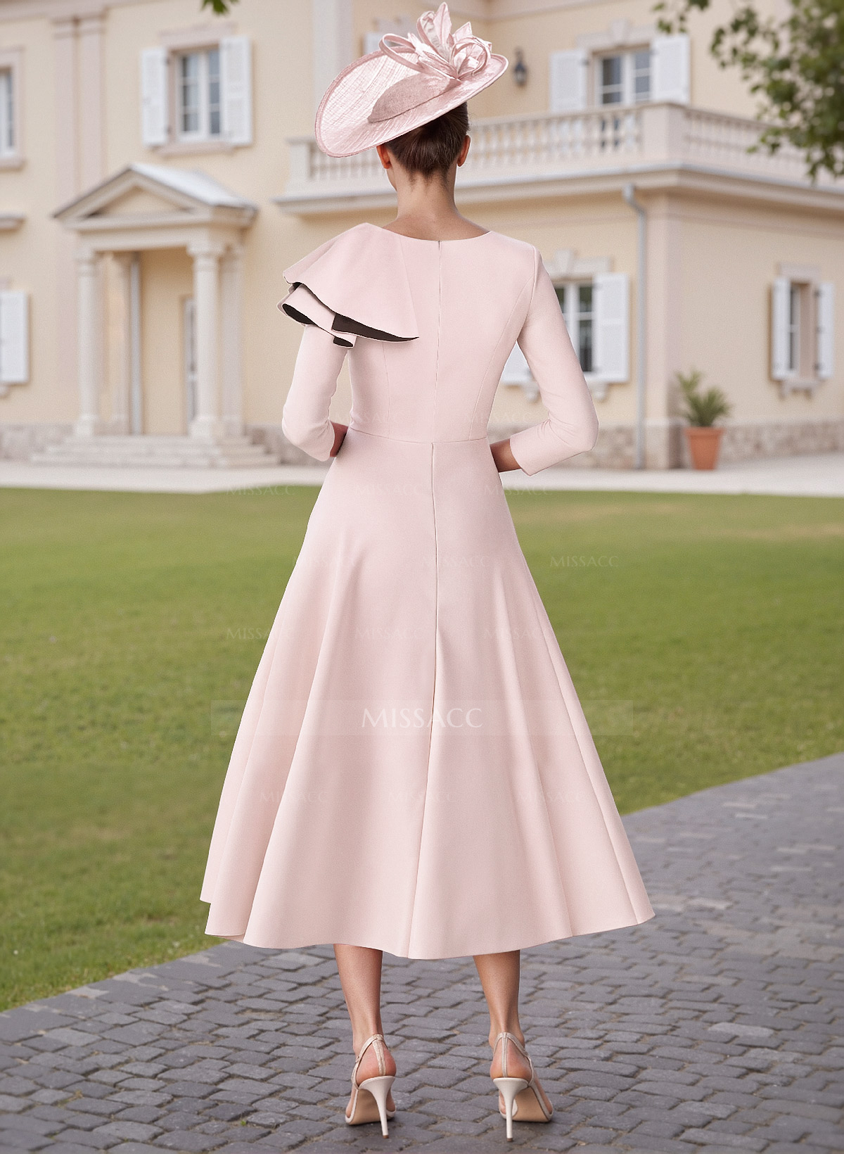 A-Line Scoop Neck 3/4 Sleeves Tea-Length Elastic Satin Cocktail Dresses With Ruffle