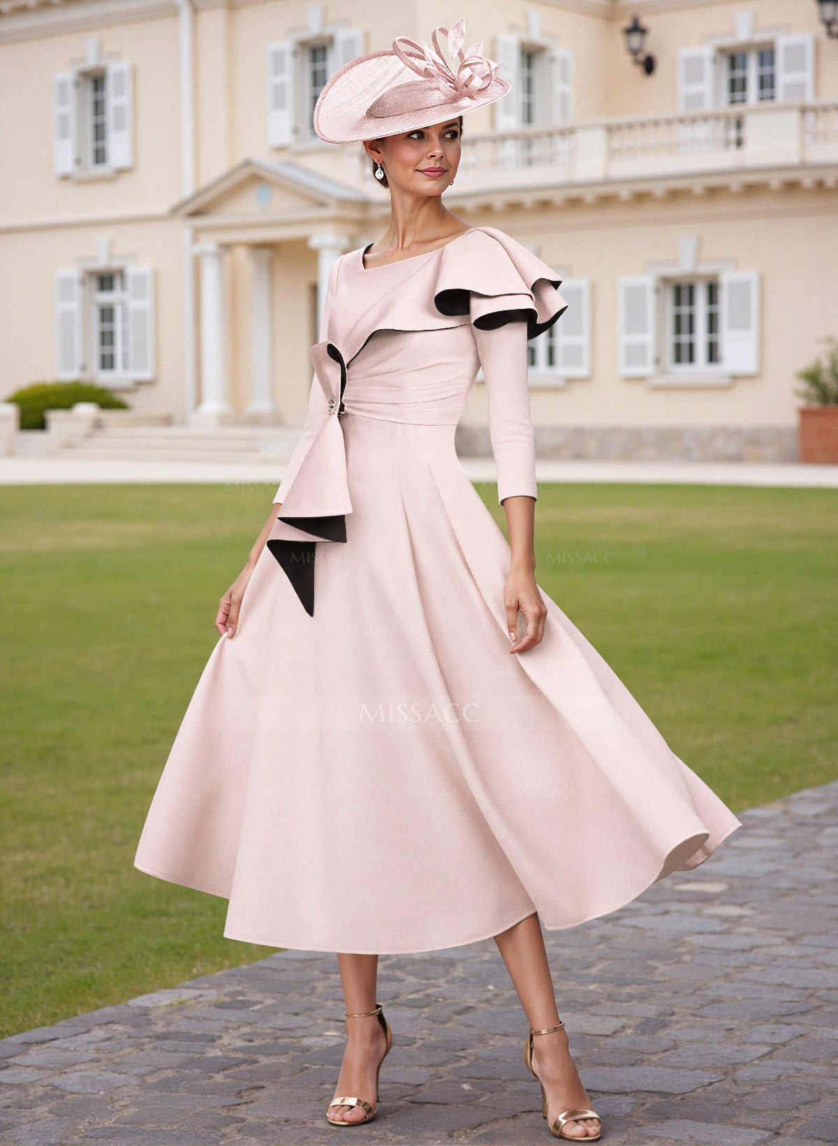 A-Line Scoop Neck 3/4 Sleeves Tea-Length Elastic Satin Cocktail Dresses With Ruffle