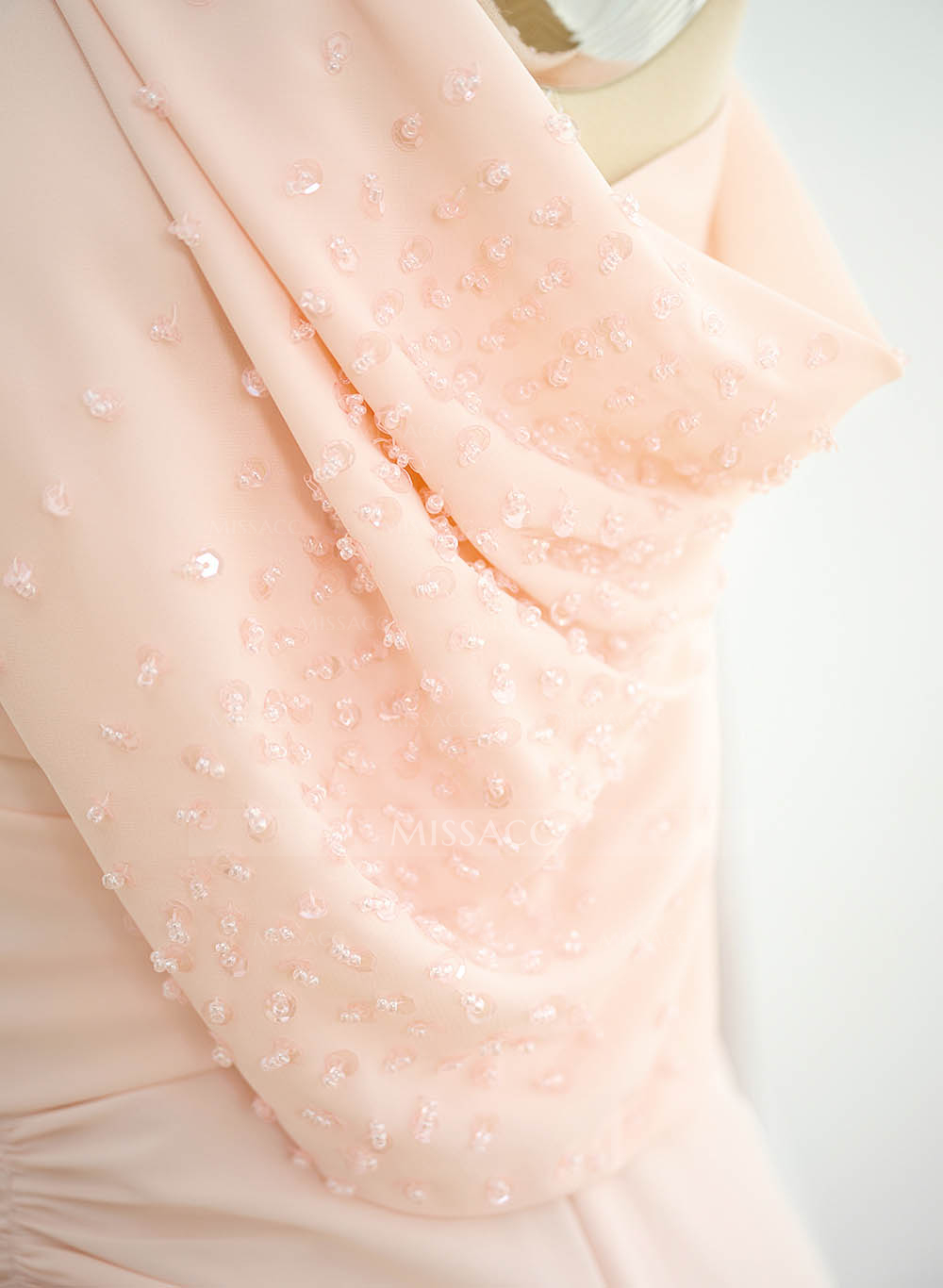 Elegant One-Shoulder Short Sleeves Tea-Length Stretch Chiffon Cocktail Dresses With Beading
