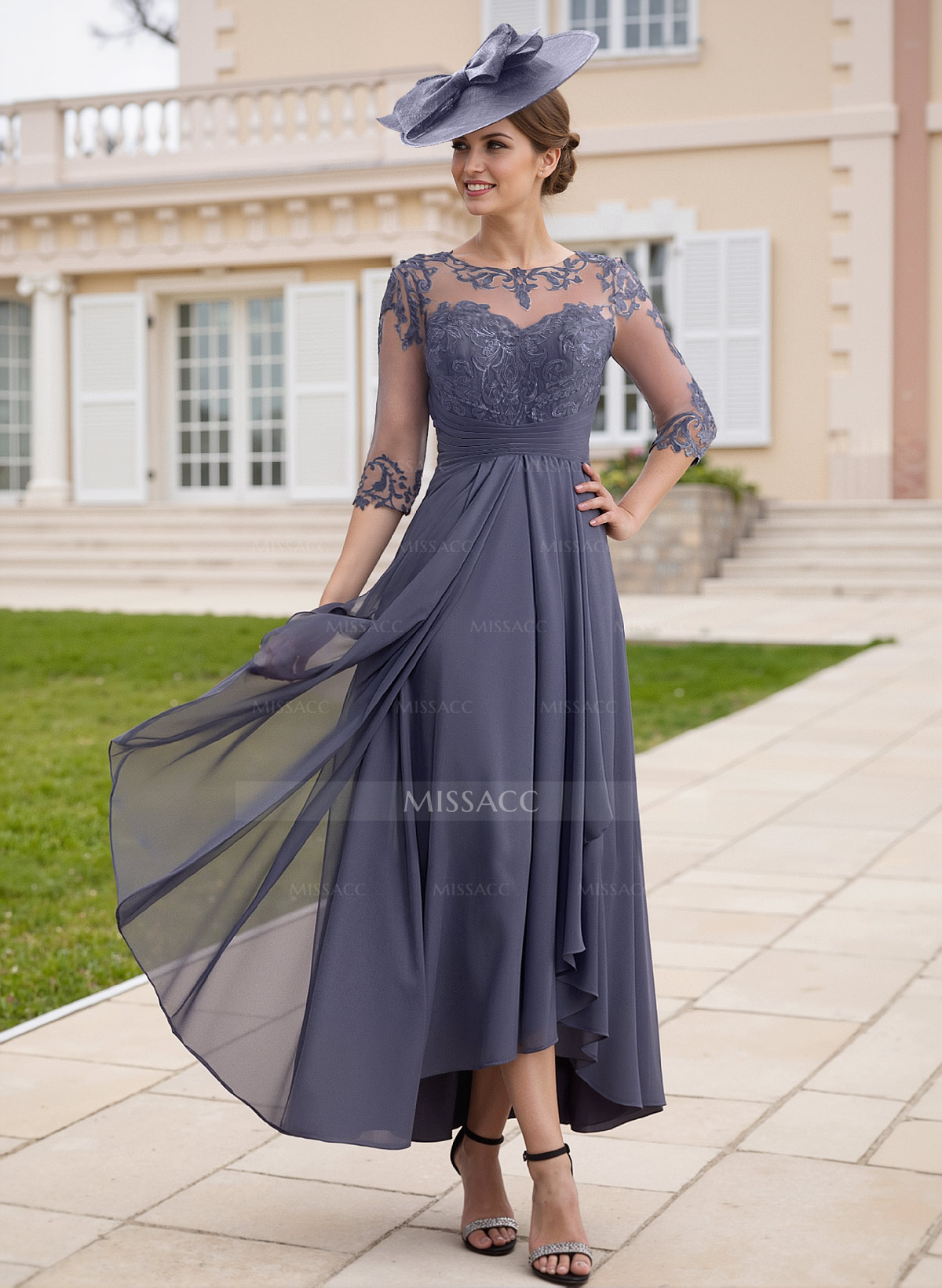 Elegant Illusion Neck A-Line Ankle-Length Lace/Chiffon Cocktail Dresses