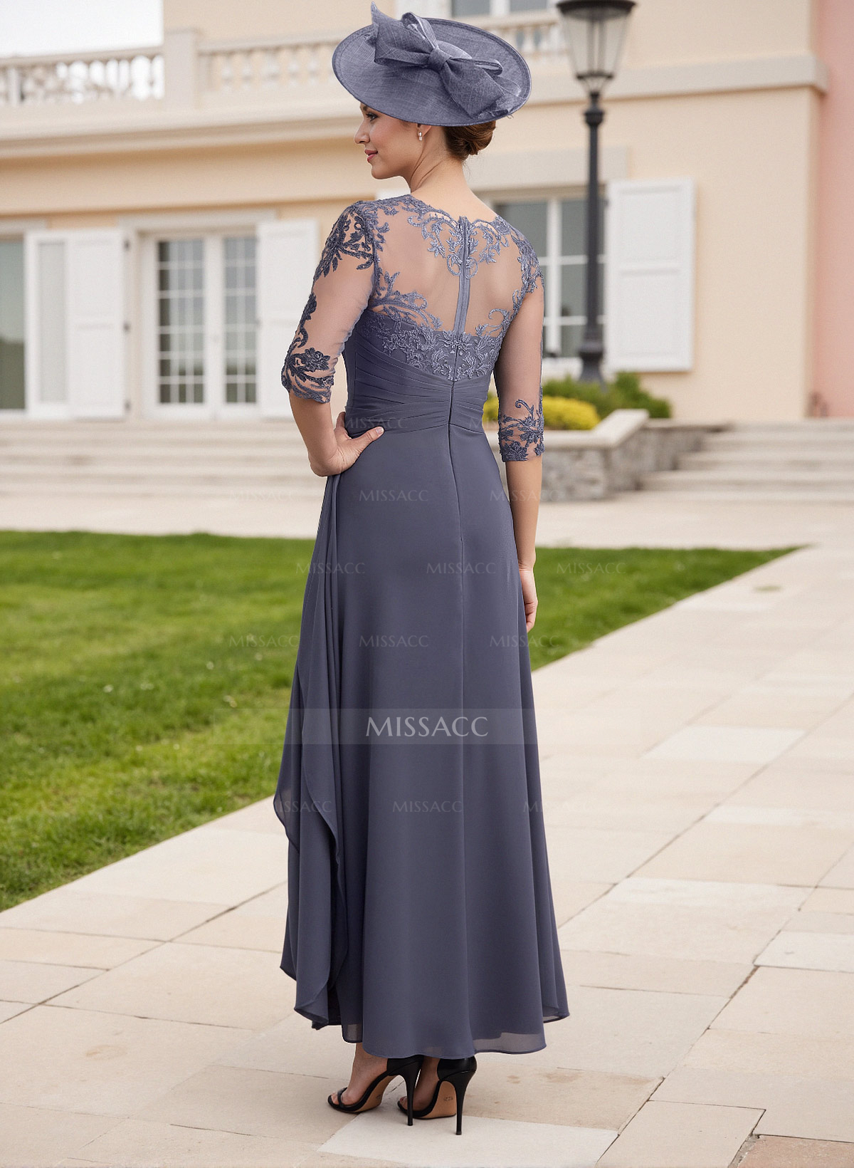 Elegant Illusion Neck A-Line Ankle-Length Lace/Chiffon Cocktail Dresses