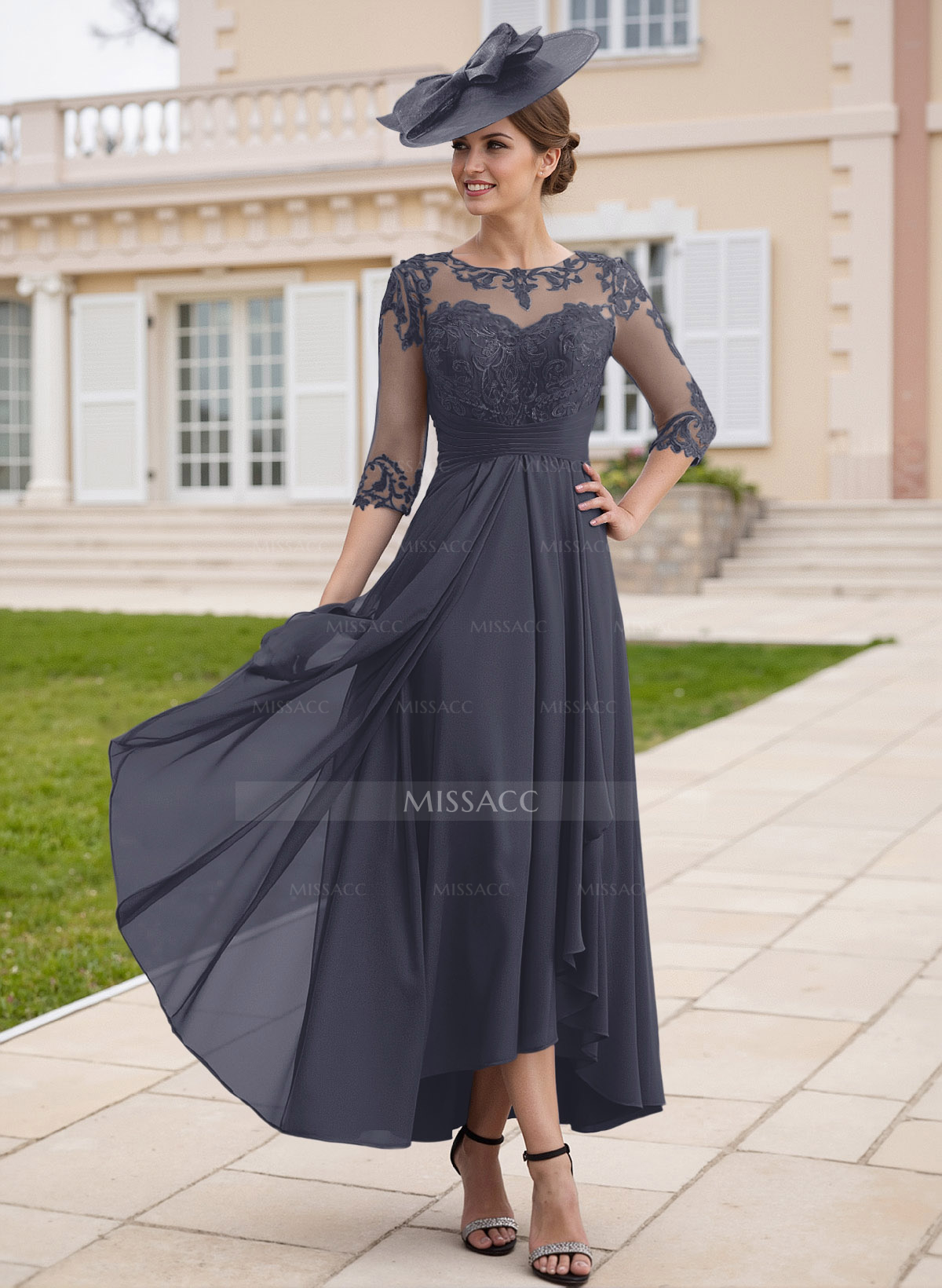 Elegant Illusion Neck A-Line Ankle-Length Lace/Chiffon Cocktail Dresses