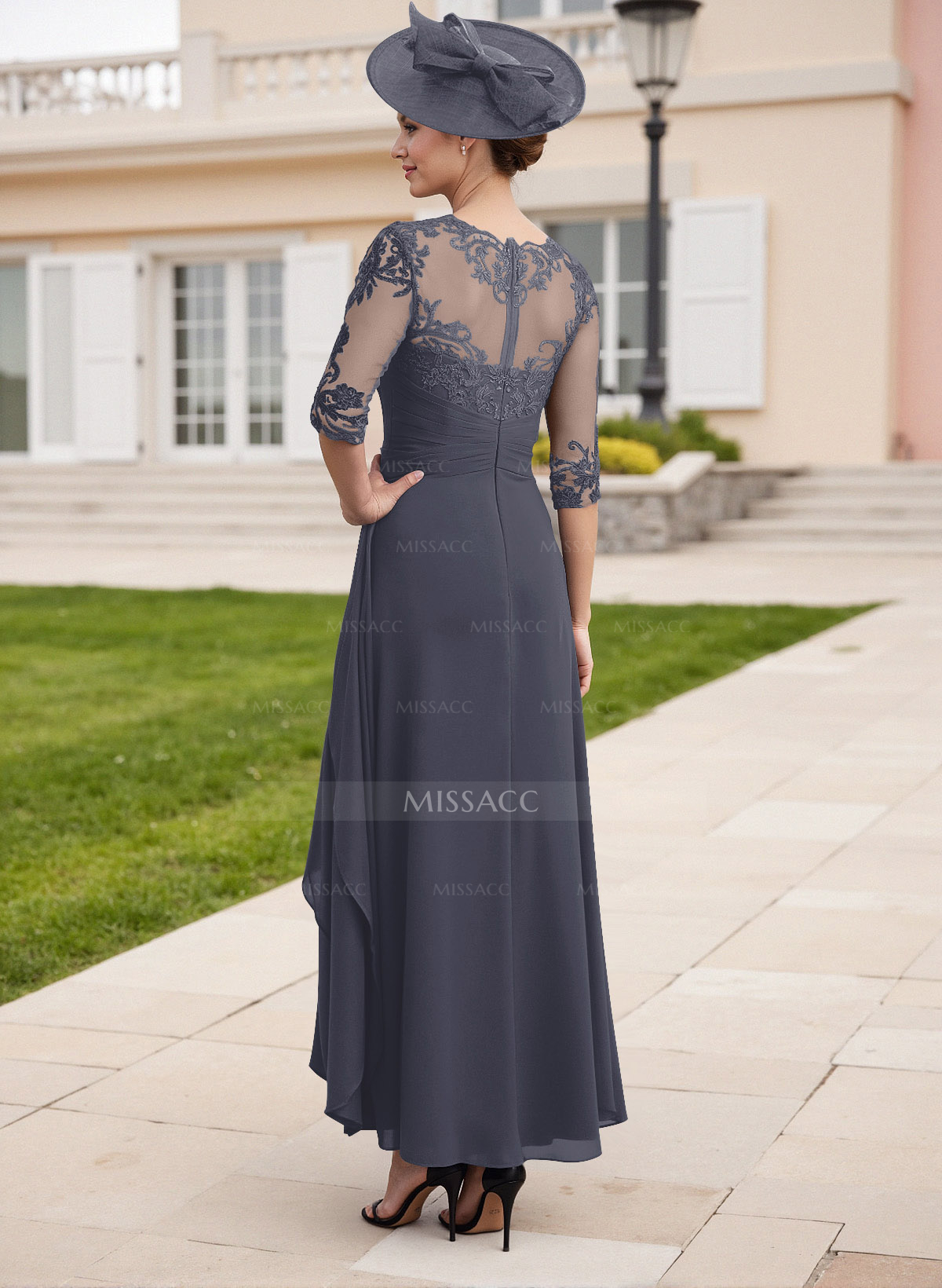 Elegant Illusion Neck A-Line Ankle-Length Lace/Chiffon Cocktail Dresses