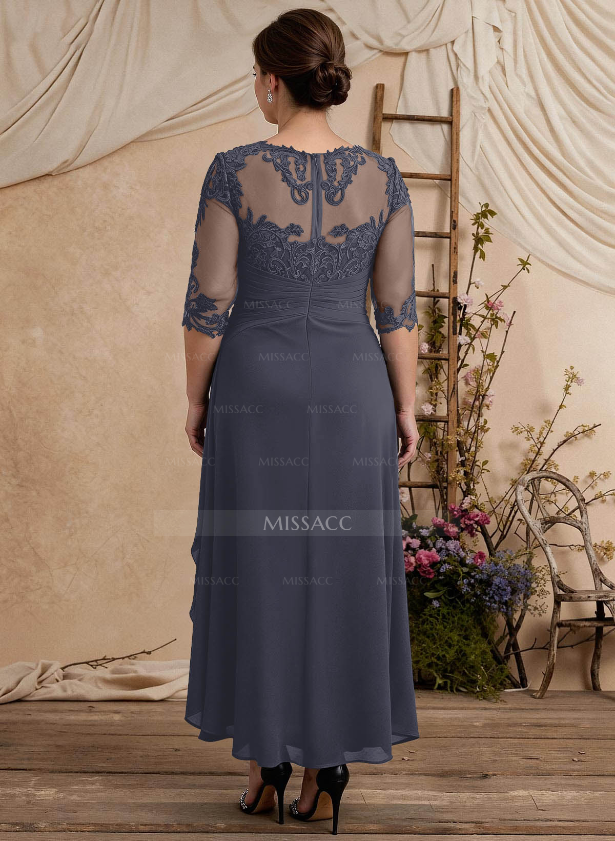 Elegant Illusion Neck A-Line Ankle-Length Lace/Chiffon Cocktail Dresses