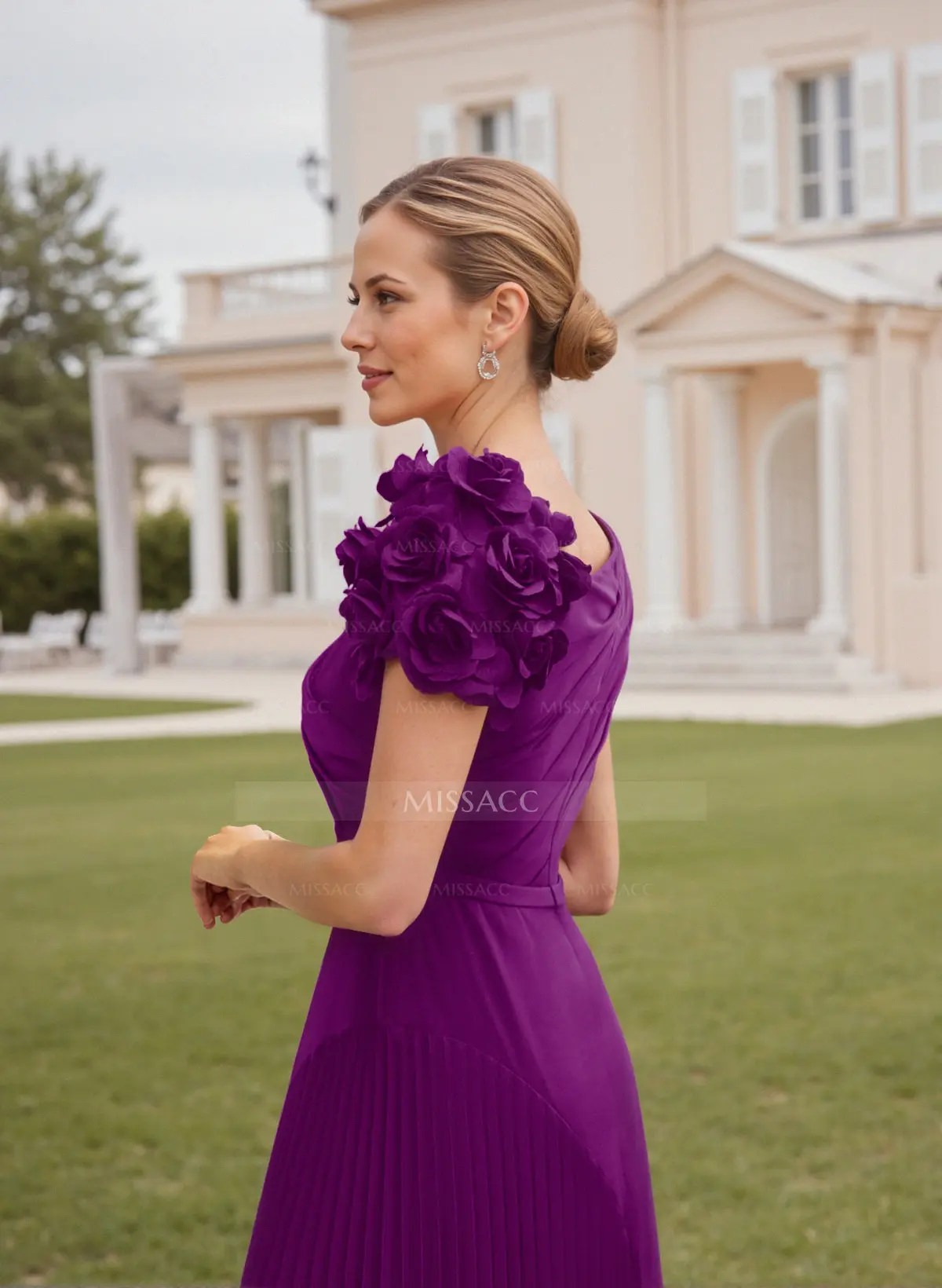 Missacc Orchid Cocktail Dresses Flower(s) Short Sleeves Pleated A-Line Stretch Chiffon Cocktail Dresses