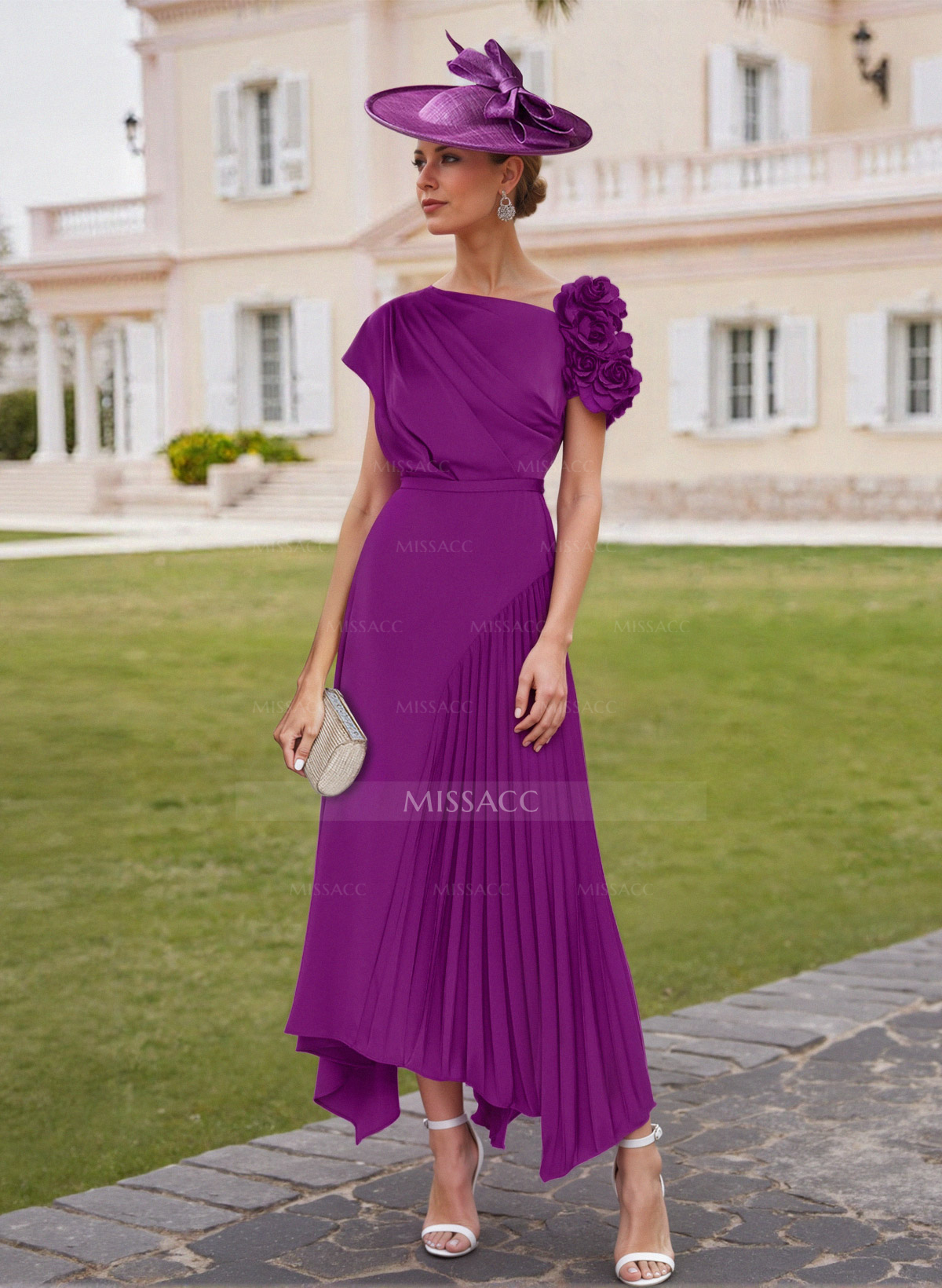 Flower(s) Short Sleeves Pleated A-Line Stretch Chiffon Cocktail Dresses