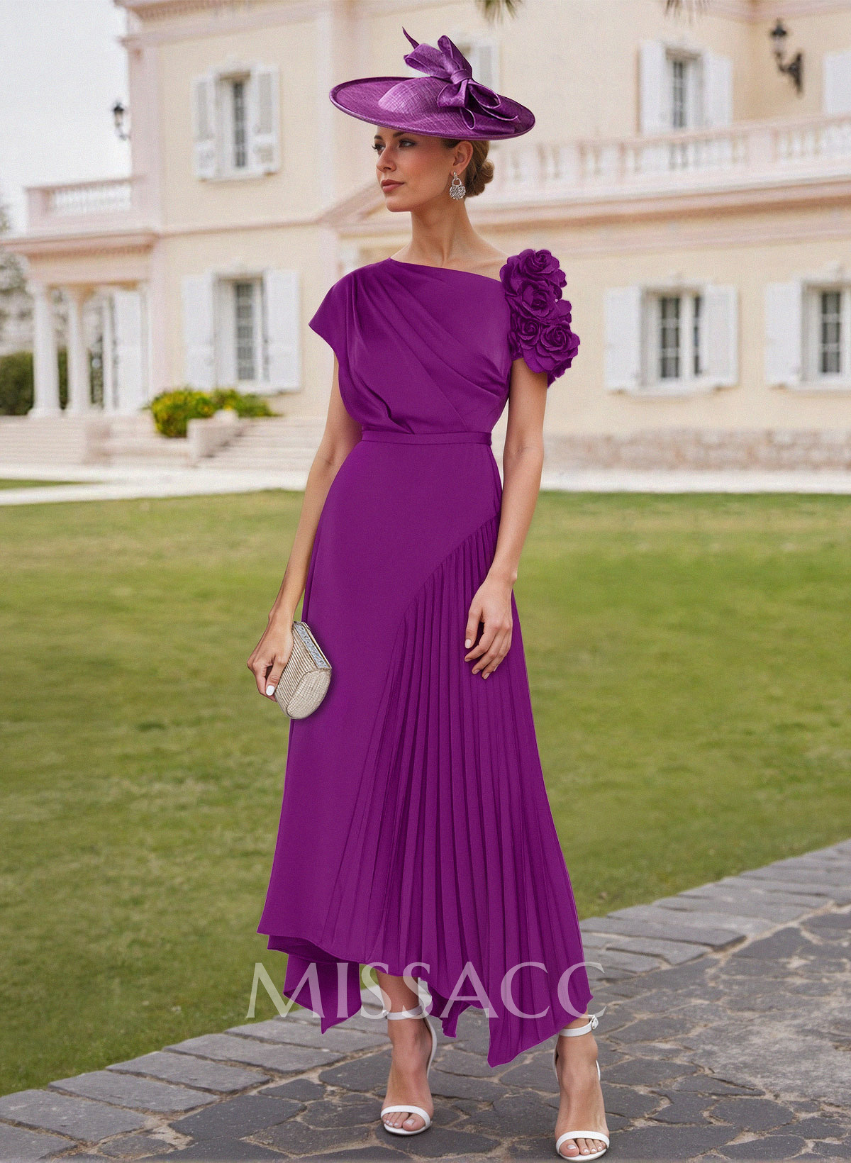 Flower(s) Short Sleeves Pleated A-Line Stretch Chiffon Cocktail Dresses