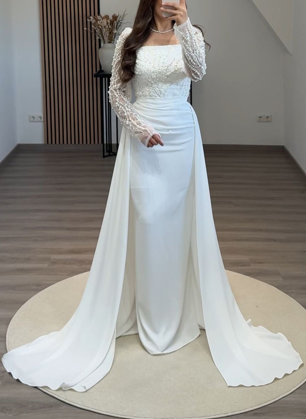 Elegant Square Neckline Sequins Long Sleeves Detachable Crepe Satin Evening Dresses
