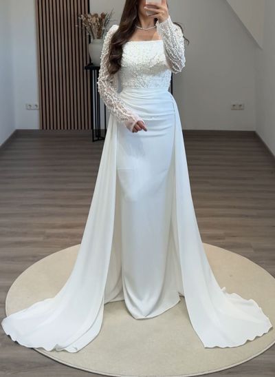 Elegant Square Neckline Sequins Long Sleeves Detachable Crepe Satin Evening Dresses