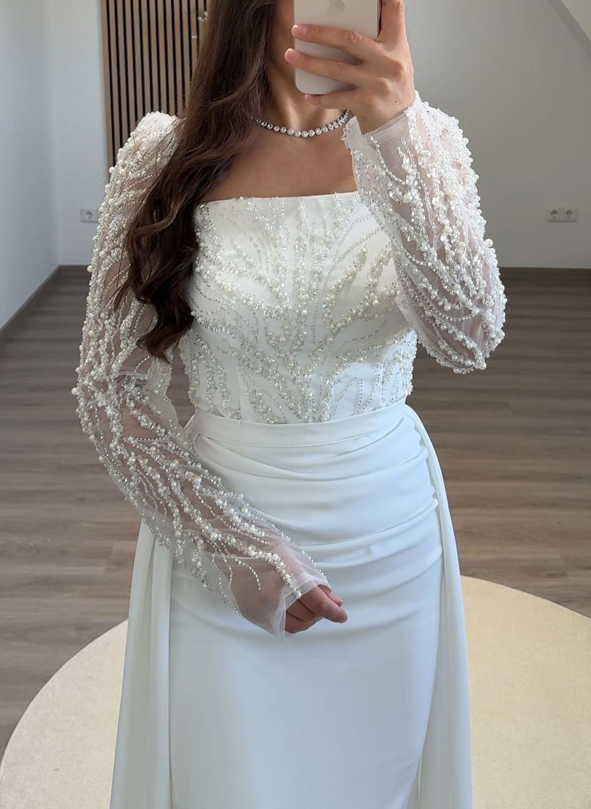 Elegant Square Neckline Sequins Long Sleeves Detachable Crepe Satin Evening Dresses