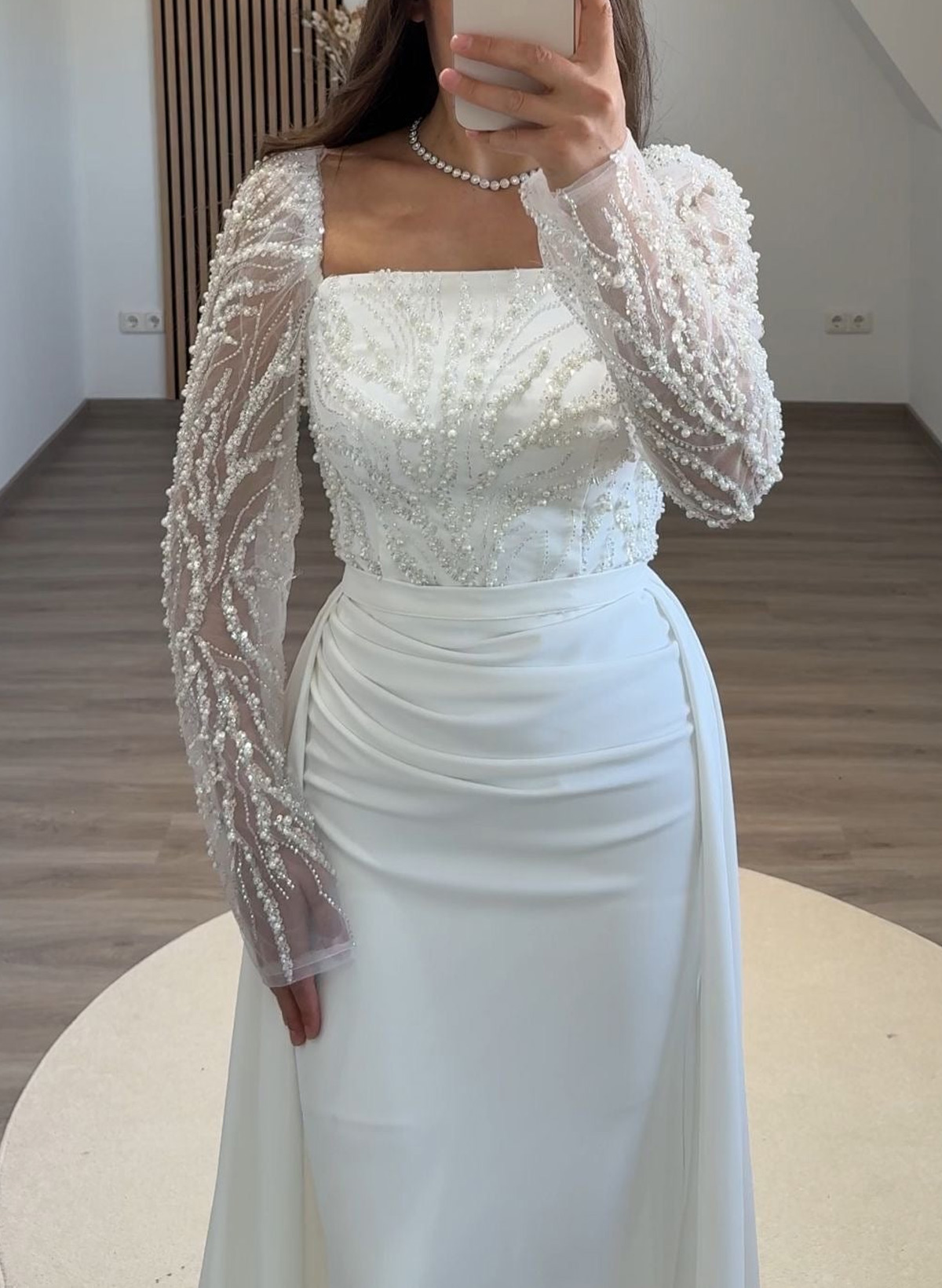 Elegant Square Neckline Sequins Long Sleeves Detachable Crepe Satin Evening Dresses